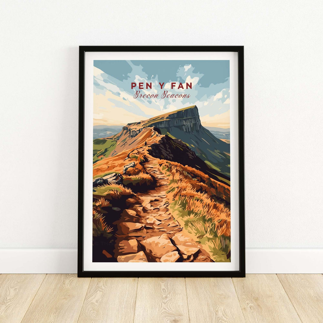 Vintage travel print of Pen Y Fan in Brecon Beacons, showcasing scenic mountain landscape in Wales.