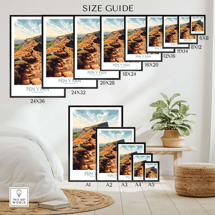 Size guide for Pen Y Fan wall art featuring multiple print sizes and a potted plant in a cozy interior setting.