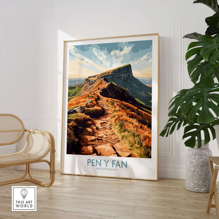 Pen Y Fan wall art featuring a scenic view of Brecon Beacons, Wales, displayed in a stylish interior setting.