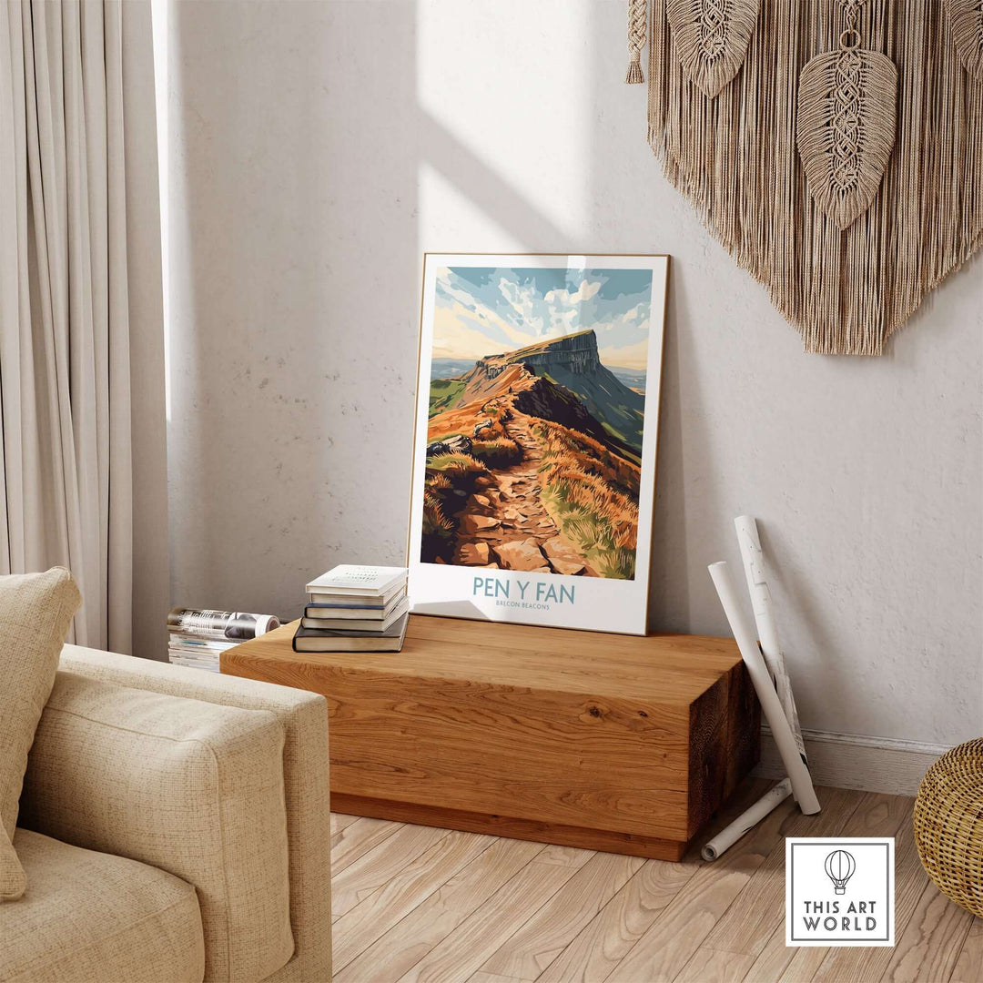 Pen Y Fan wall art displayed in a stylish interior with natural light and wooden decor, celebrating Brecon Beacons, Wales.