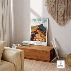 Pen Y Fan Wall Art Brecon Beacons Wales displayed in a stylish living room on a wooden chest.