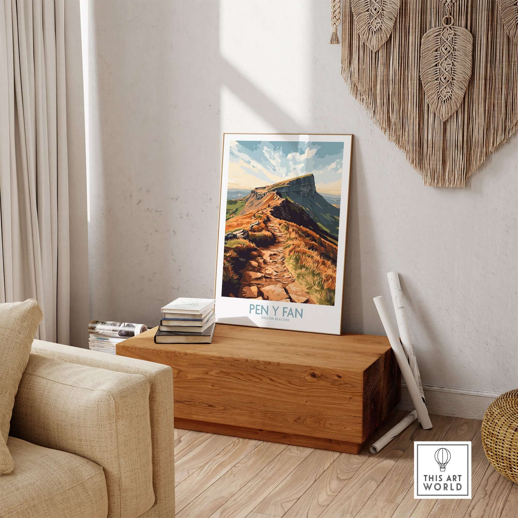 Pen Y Fan Wall Art Brecon Beacons Wales displayed in a stylish living room on a wooden chest.