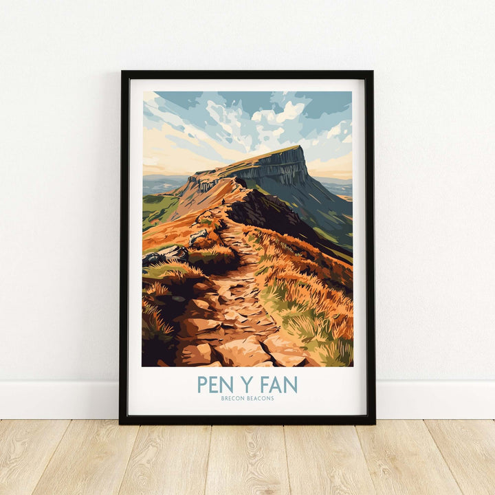 Pen Y Fan wall art featuring a scenic view of Brecon Beacons in Wales, showcasing vibrant colors and mountainous trails.