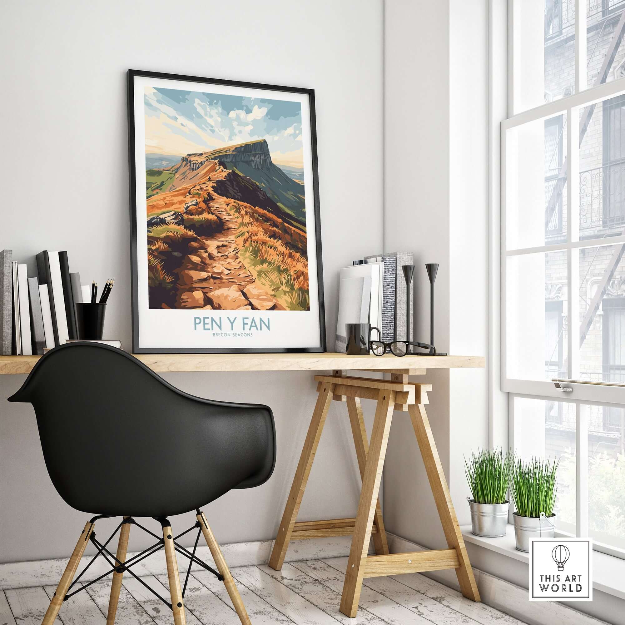 Pen Y Fan Wall Art Brecon Beacons Wales displayed in a modern home office setting with stylish furniture.