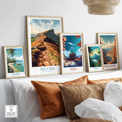 Pen Y Fan Wall Art Brecon Beacons Wales displayed among other destination artwork on a stylish shelf.