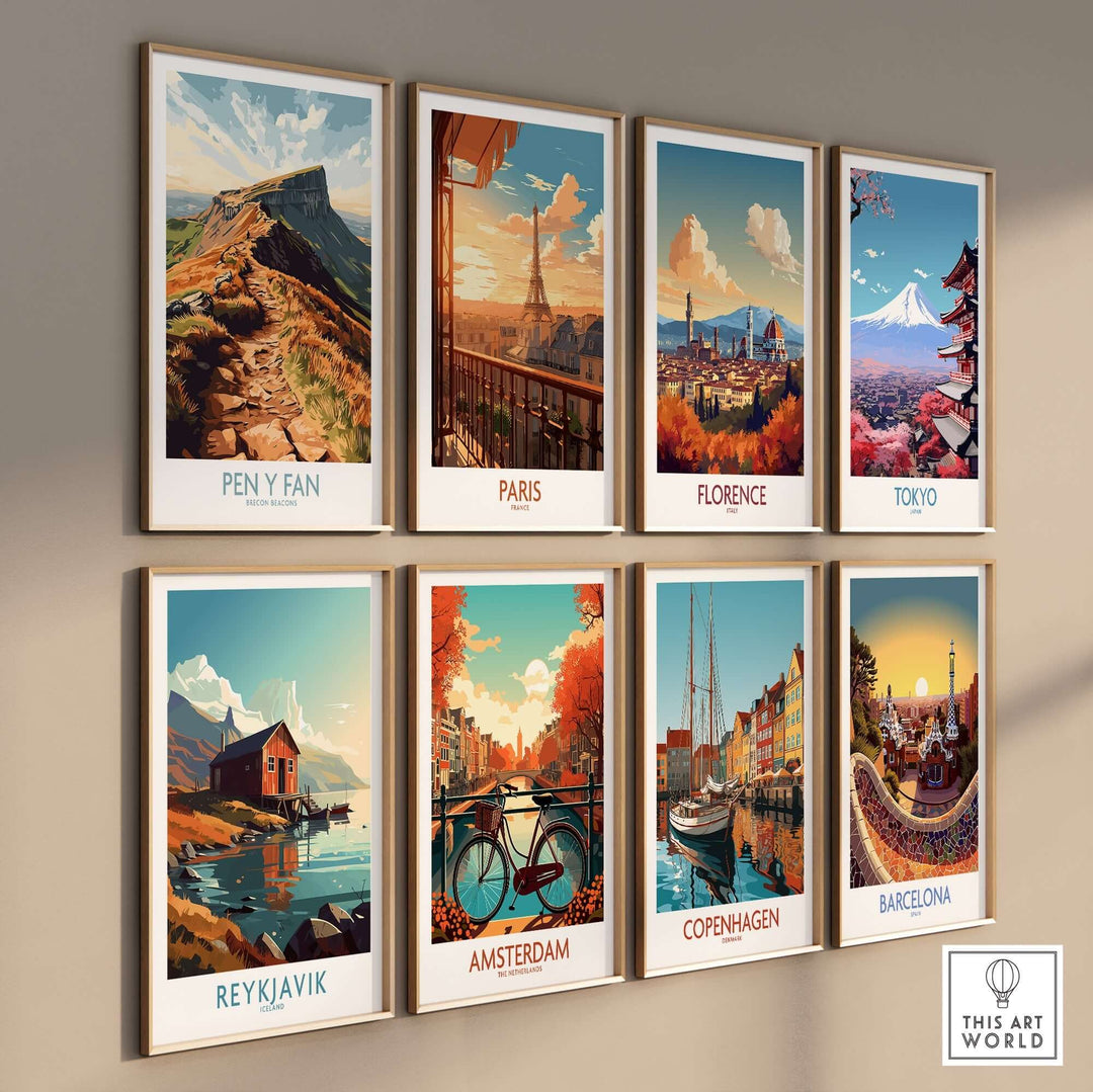 Colorful wall art featuring Pen Y Fan and iconic landmarks from Paris, Florence, Tokyo, Reykjavik, Amsterdam, Copenhagen, and Barcelona.