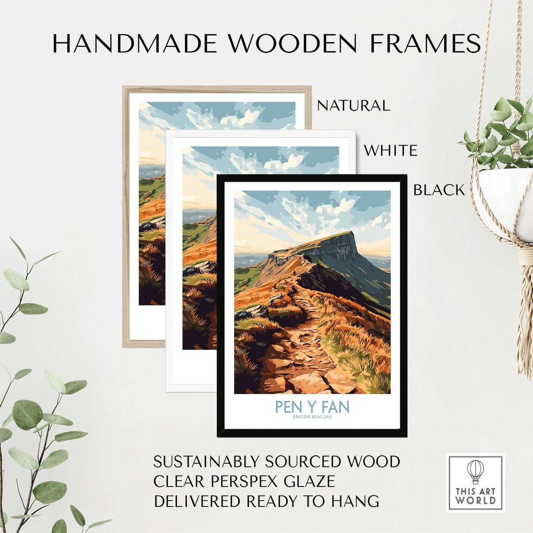 Handmade wooden frames for Pen Y Fan wall art in natural, white, and black finishes, sustainably sourced and ready to hang.