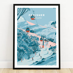 Perisher Australia Gondola Travel Poster — art print in black frame on wooden floor
