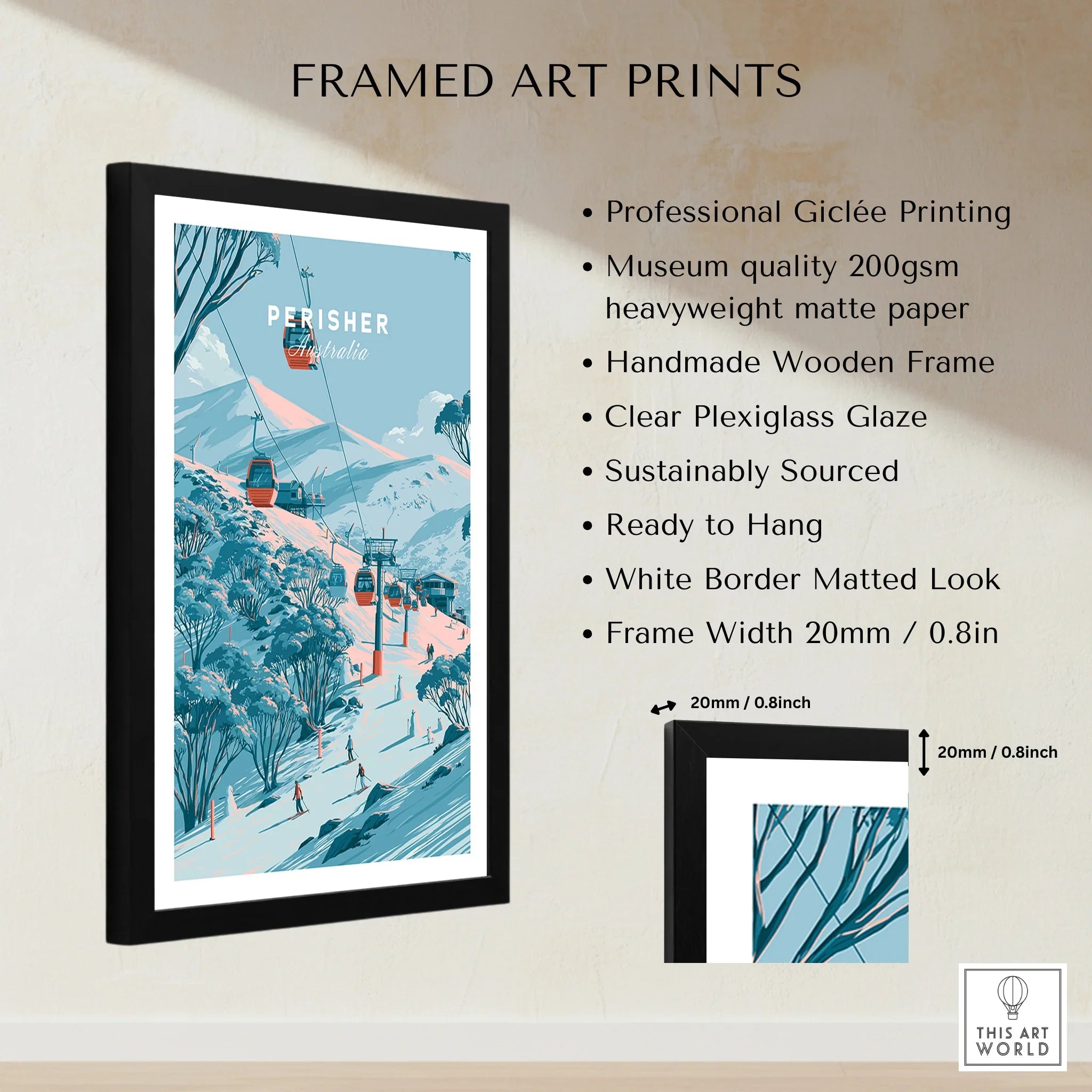 Perisher Australia Gondola Travel Poster — framed print details measurements quality details