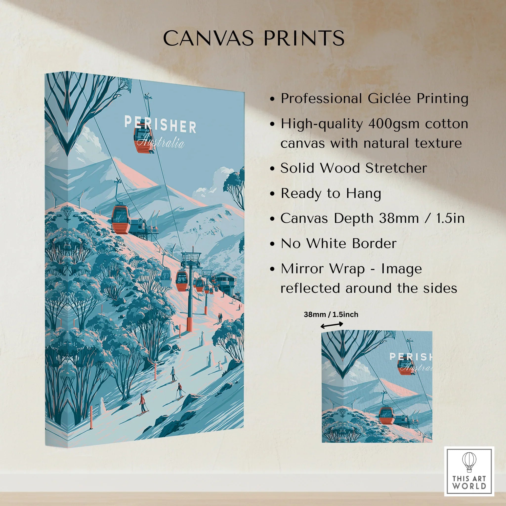 Perisher Australia Gondola Travel Poster — canvas print stretched cotton canvas details