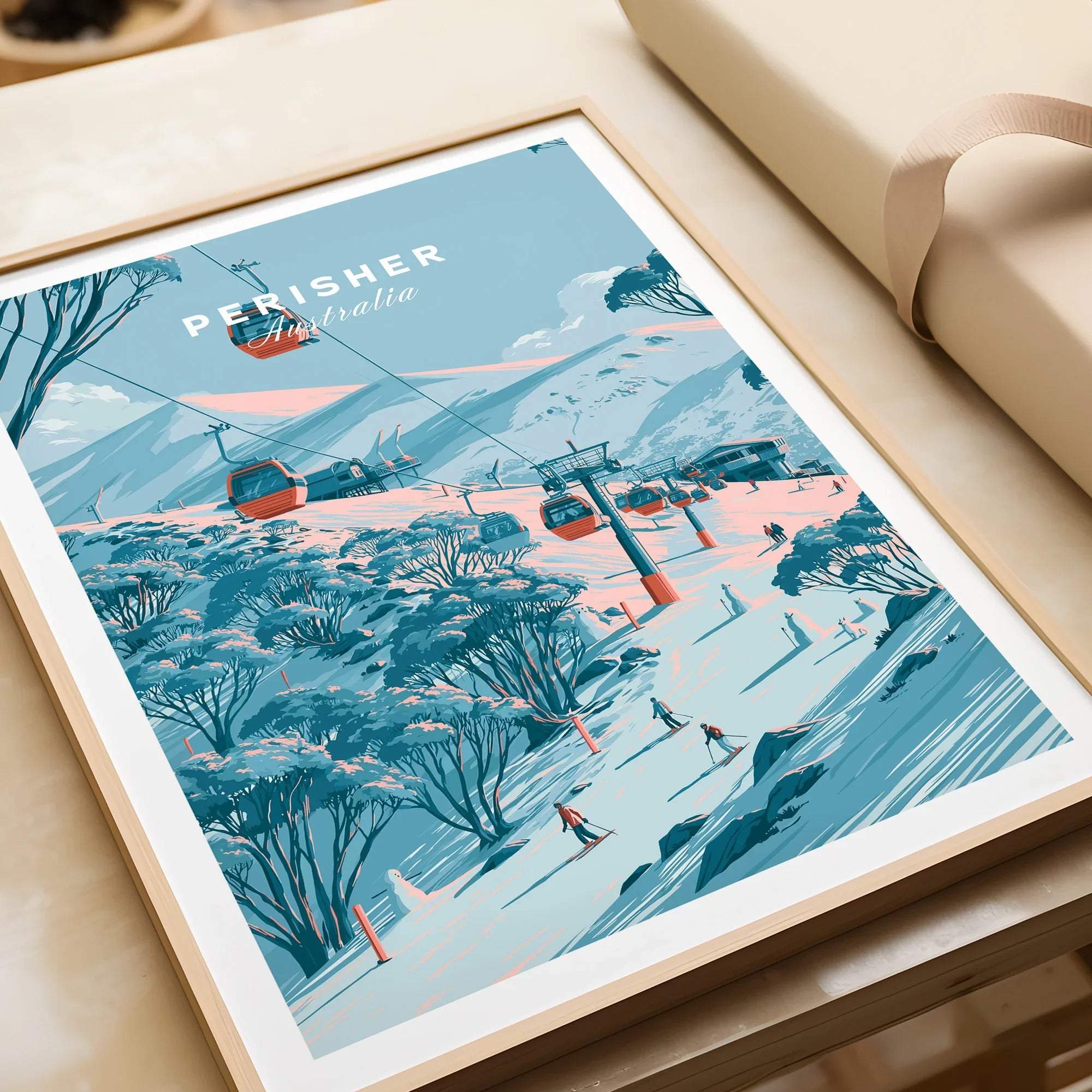 Perisher Australia Gondola Travel Poster — framed art print closeup gift unwrapped natural frame