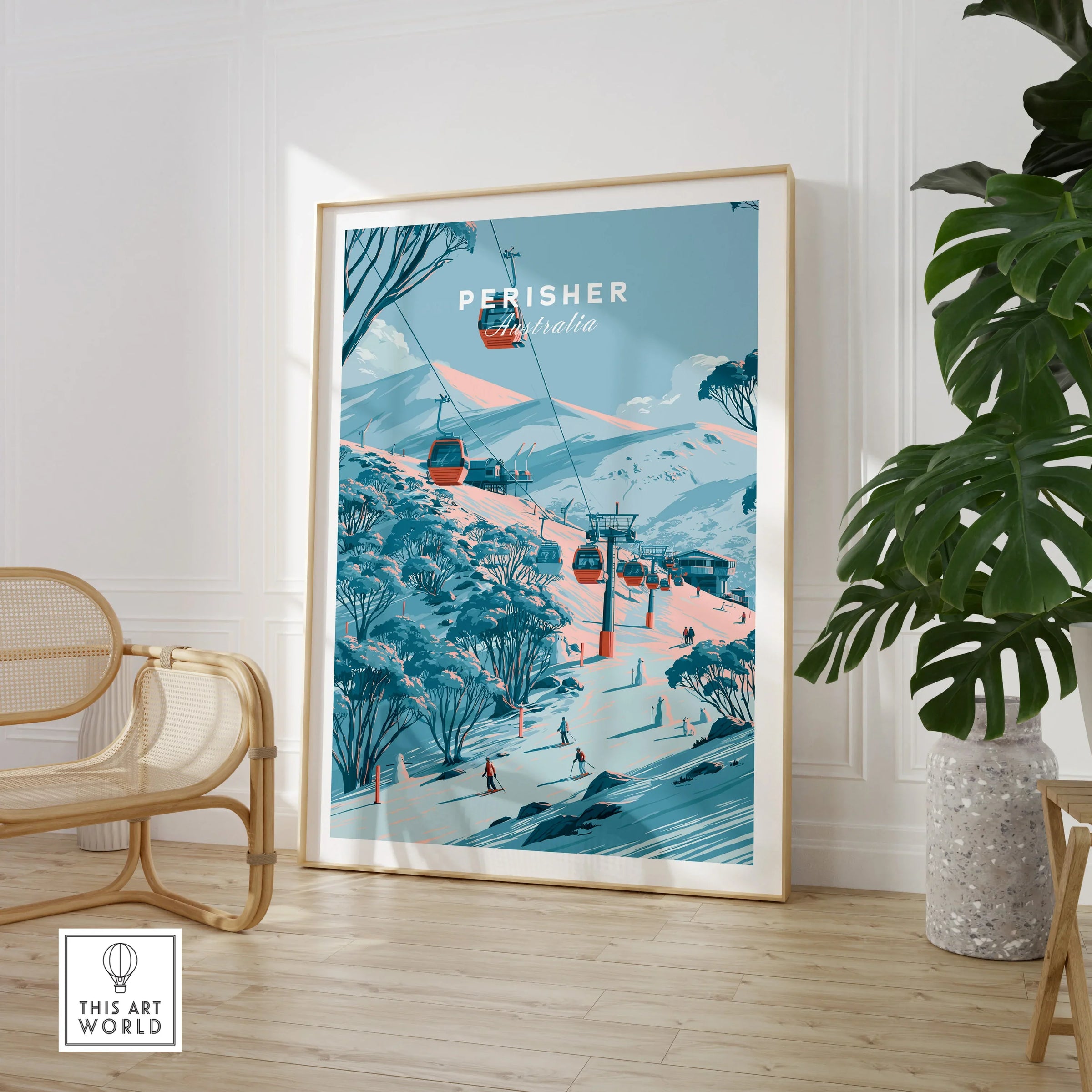 Perisher Australia Gondola Travel Poster — large framed print room setting chair plant