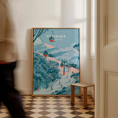 Perisher Australia Gondola Travel Poster — framed canvas on floor man walking past