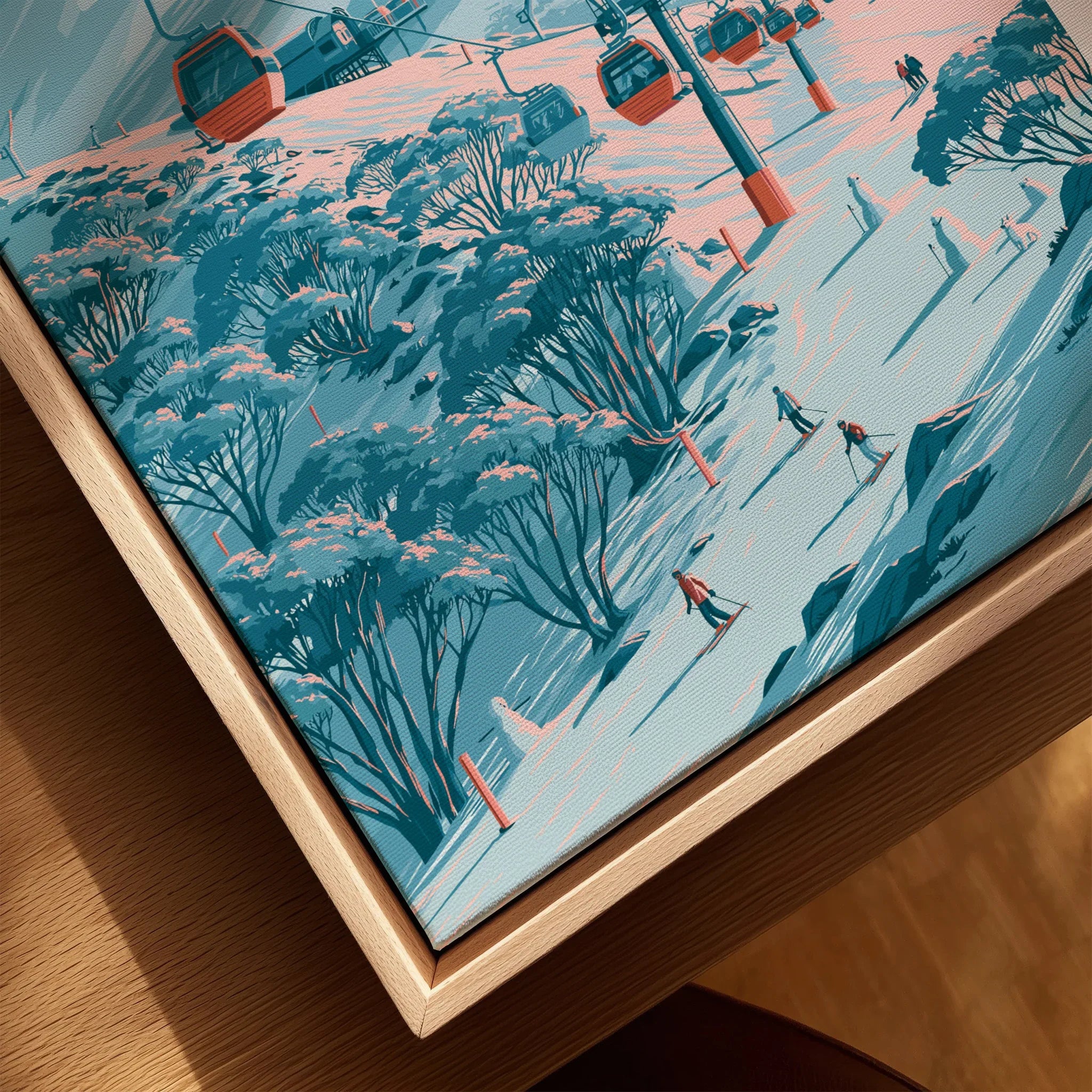 Perisher Australia Gondola Travel Poster — closeup framed canvas natural wood floating frame