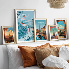 Perisher Australia Gondola Travel Poster — set five framed artprints above bed natural wood frames