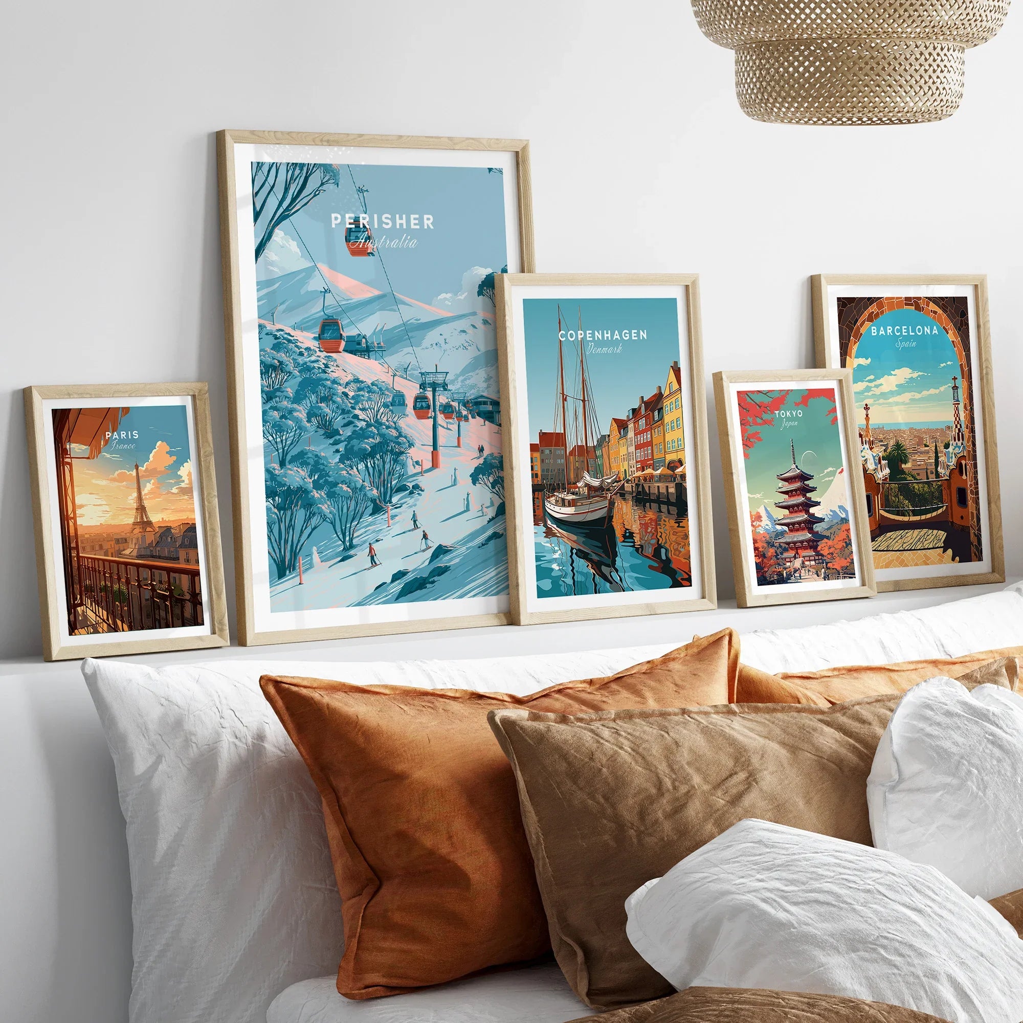 Perisher Australia Gondola Travel Poster — set five framed artprints above bed natural wood frames