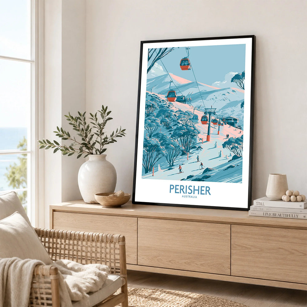 Perisher Australia Ski Resort Wall Art — framed artwork living room lifestyle setting