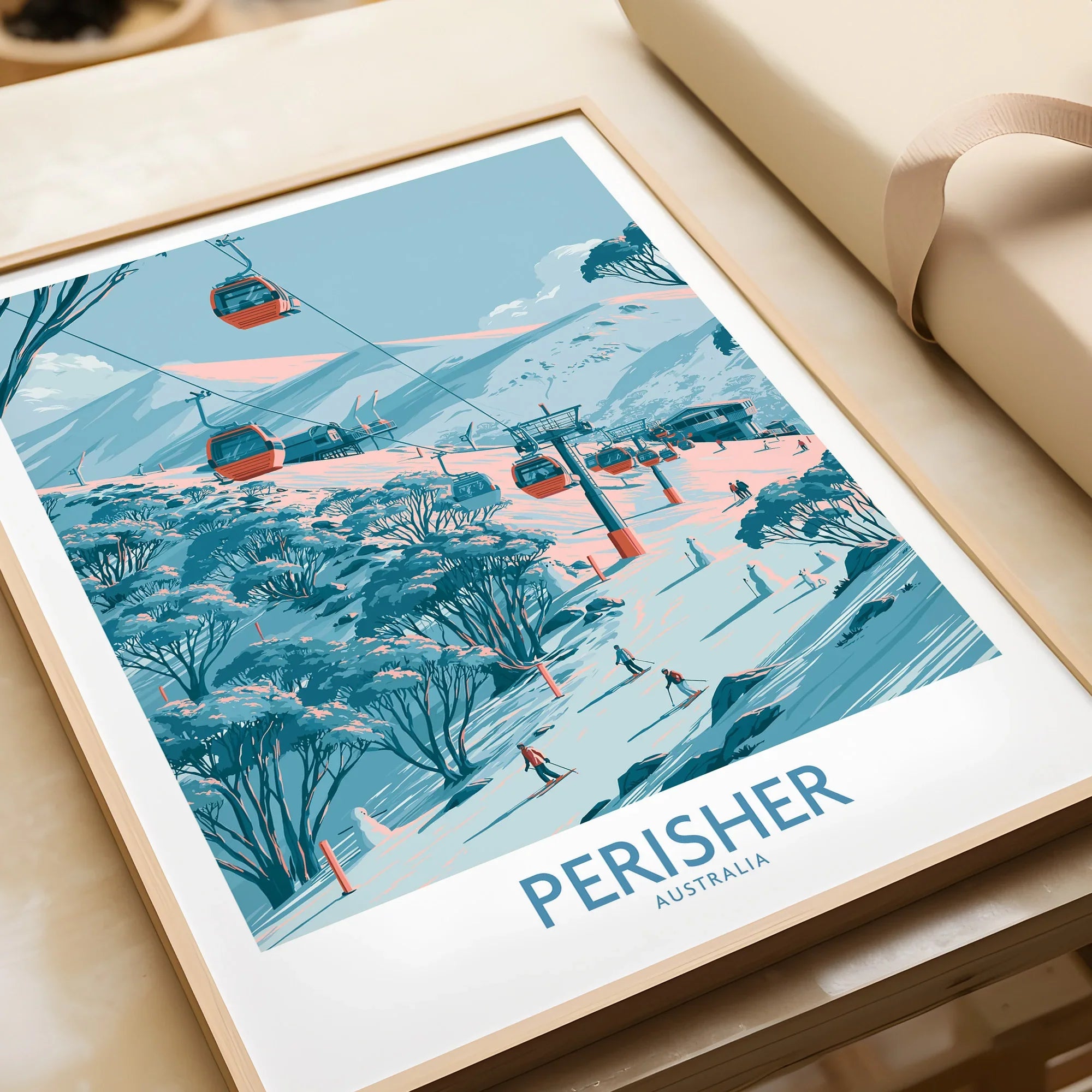 Perisher Australia Ski Resort Wall Art — framed art print closeup gift unwrapped natural frame