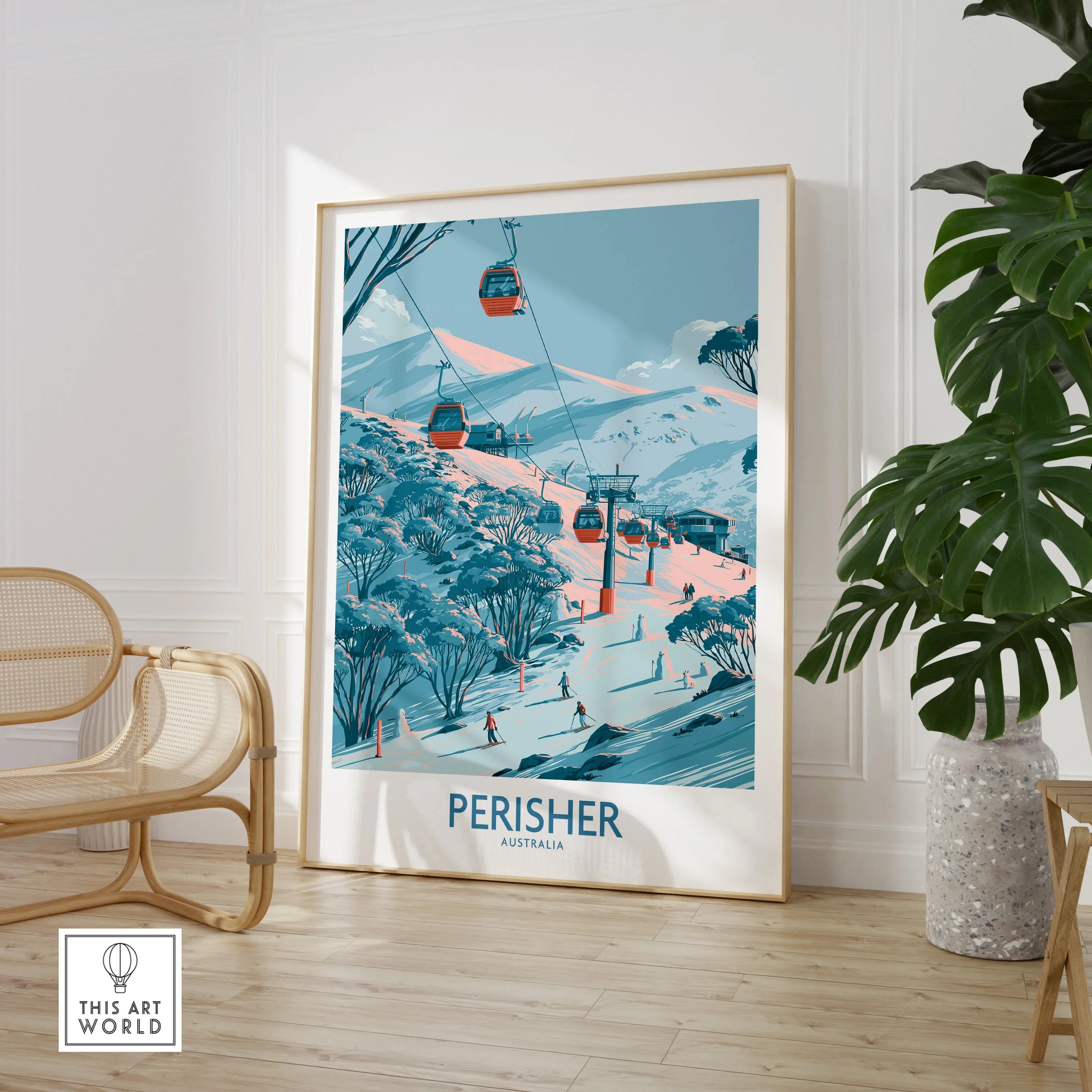 Perisher Australia Ski Resort Wall Art — large framed print room setting chair plant