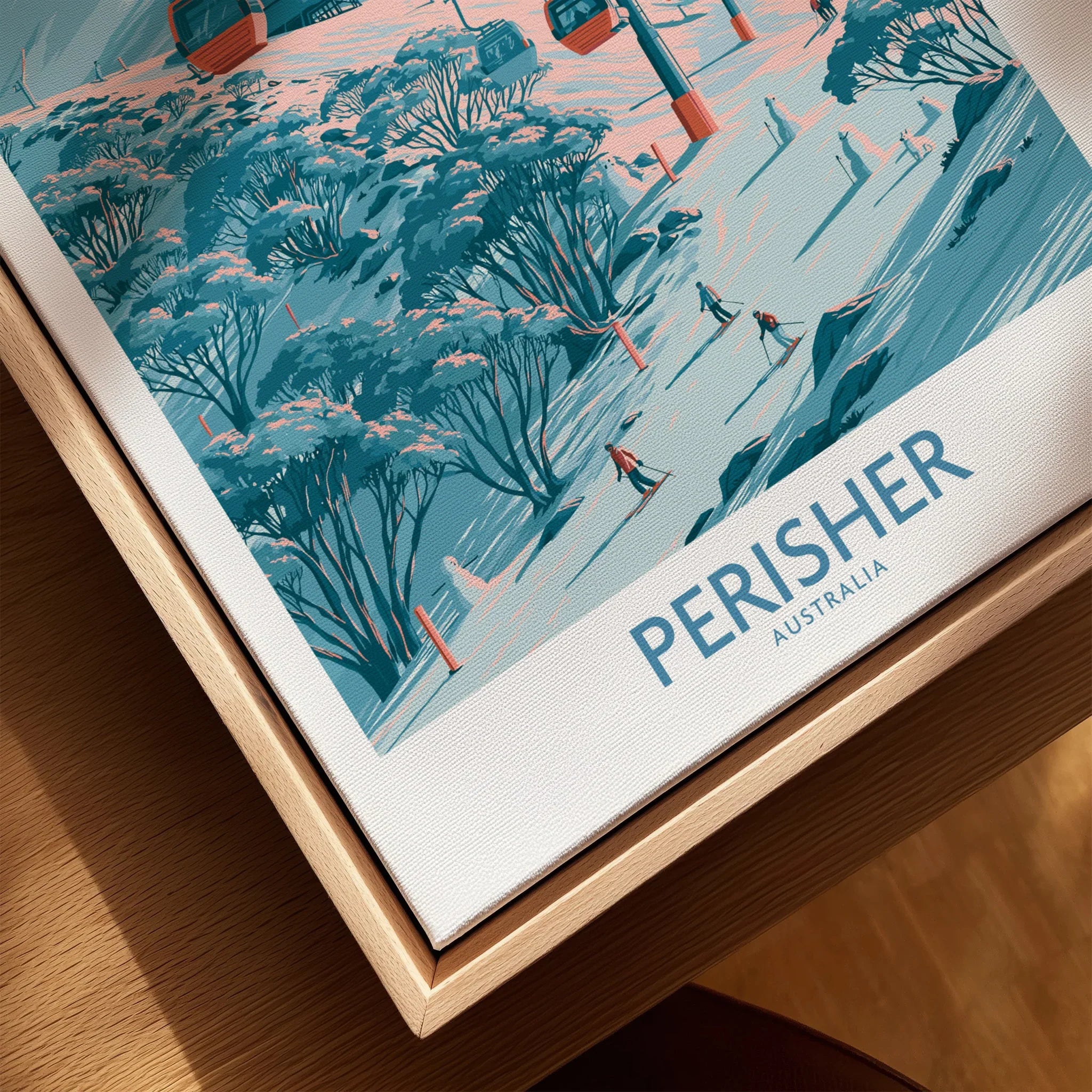 Perisher Australia Ski Resort Wall Art — closeup framed canvas natural wood floating frame