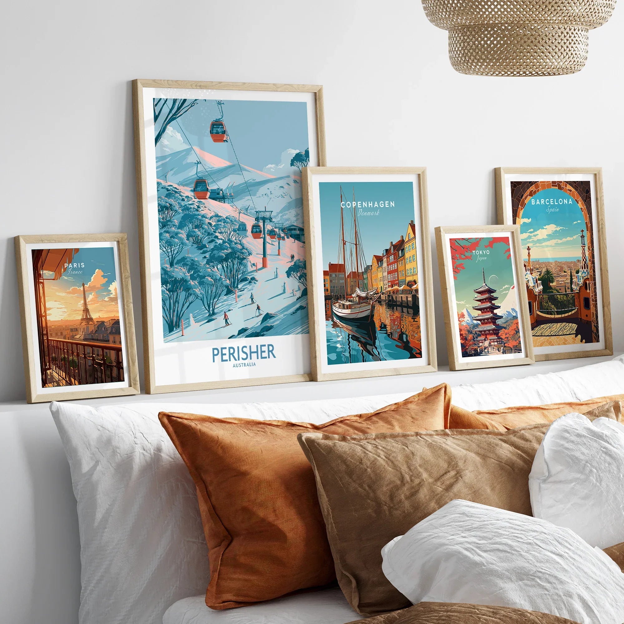 Perisher Australia Ski Resort Wall Art — set five framed artprints above bed natural wood frames