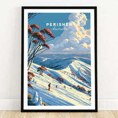 Perisher Australia Snow Gums Travel Poster — art print in black frame on wooden floor