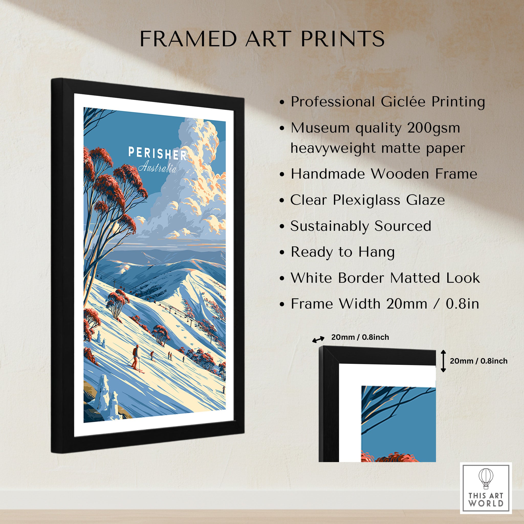 Perisher Australia Snow Gums Travel Poster — framed print details measurements quality details