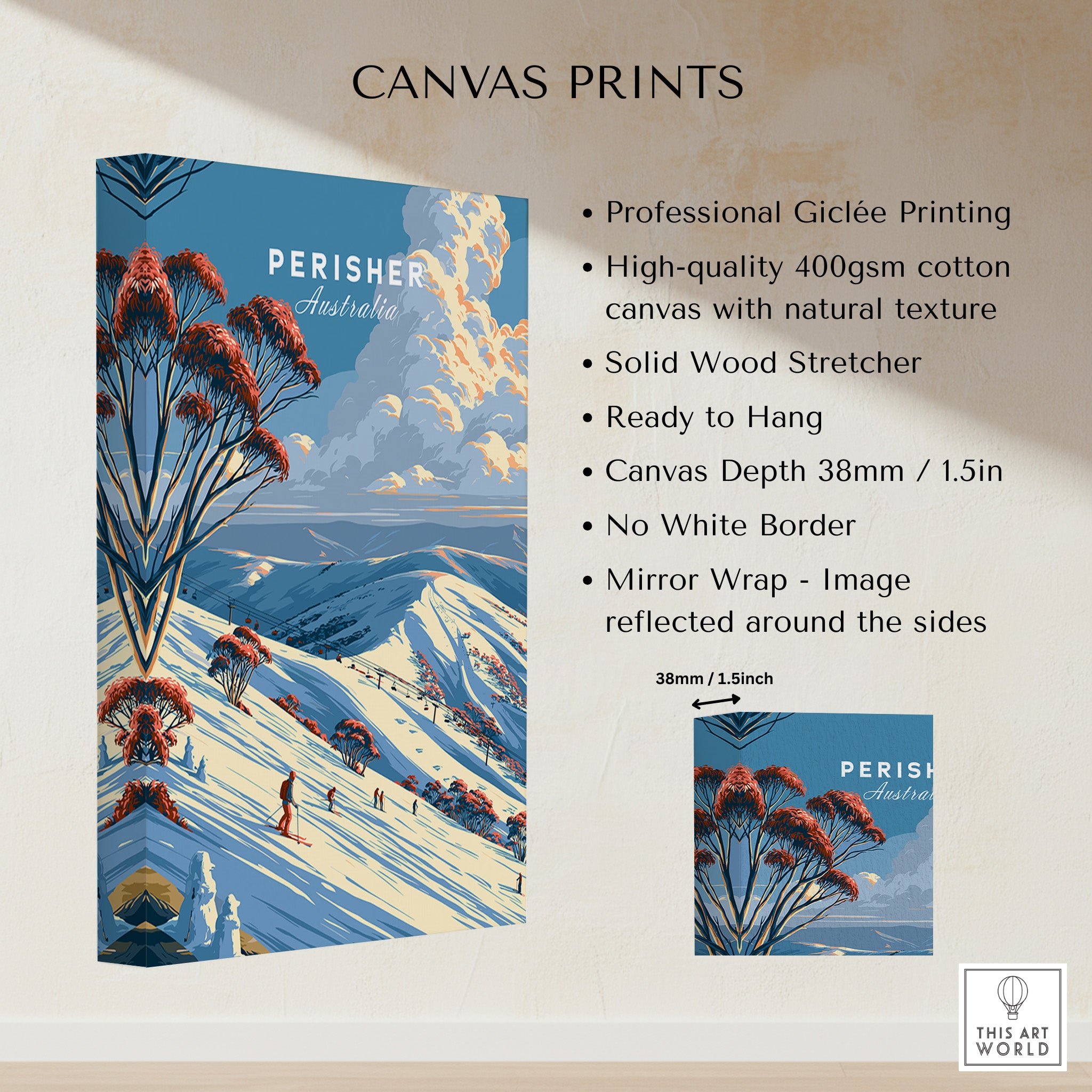 Perisher Australia Snow Gums Travel Poster — canvas print stretched cotton canvas details