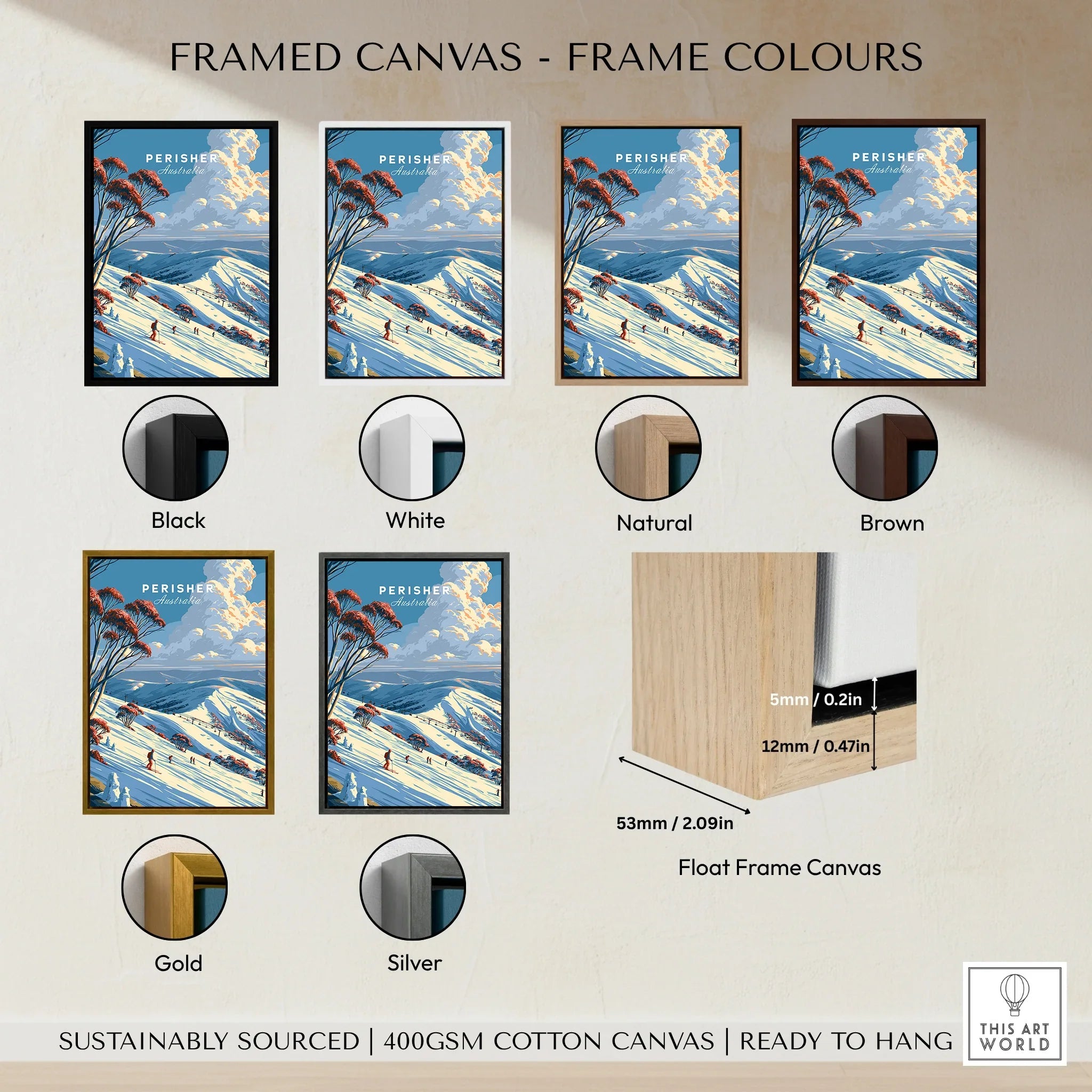 Perisher Australia Snow Gums Travel Poster — framed canvas float frame colour options
