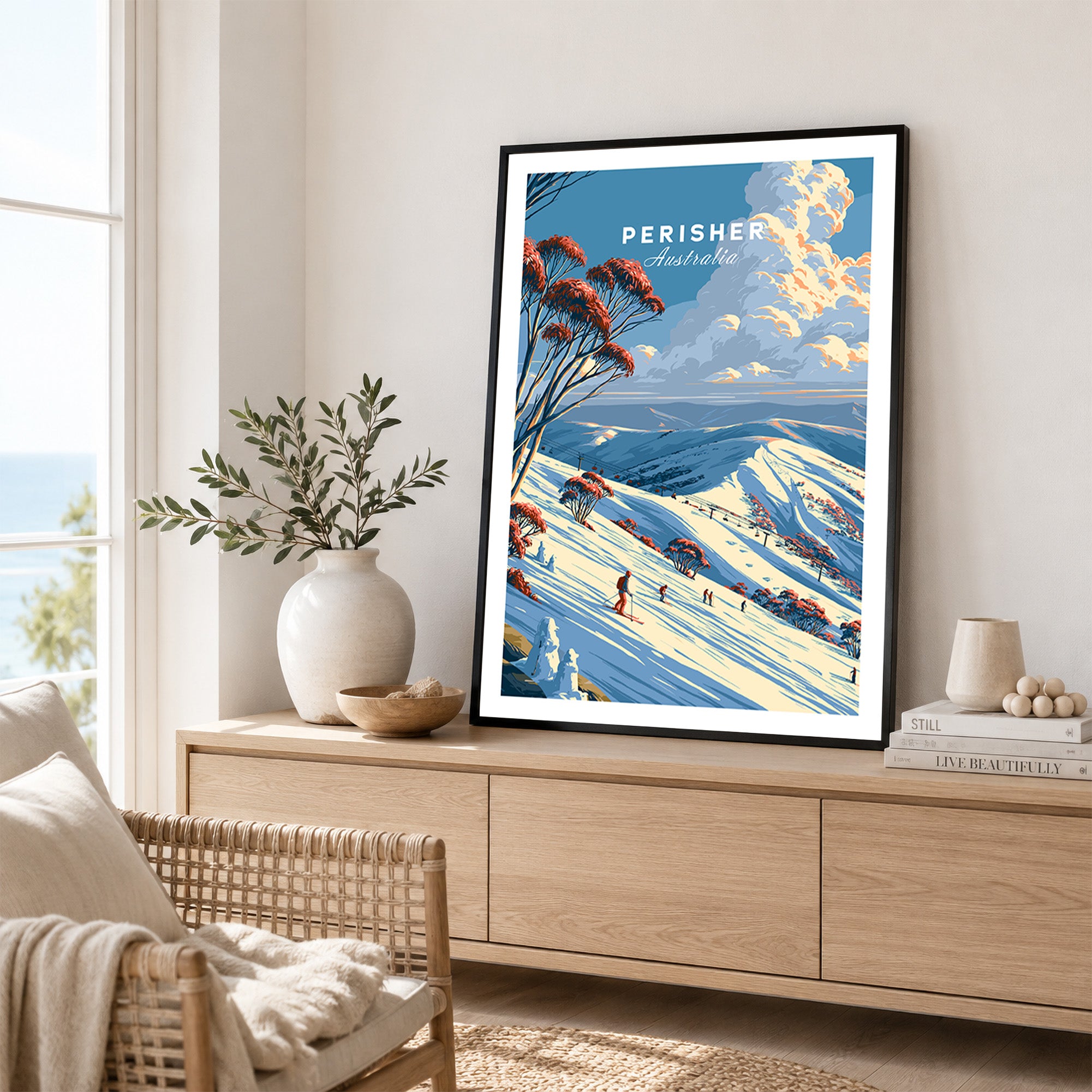 Perisher Australia Snow Gums Travel Poster — framed artwork living room lifestyle setting