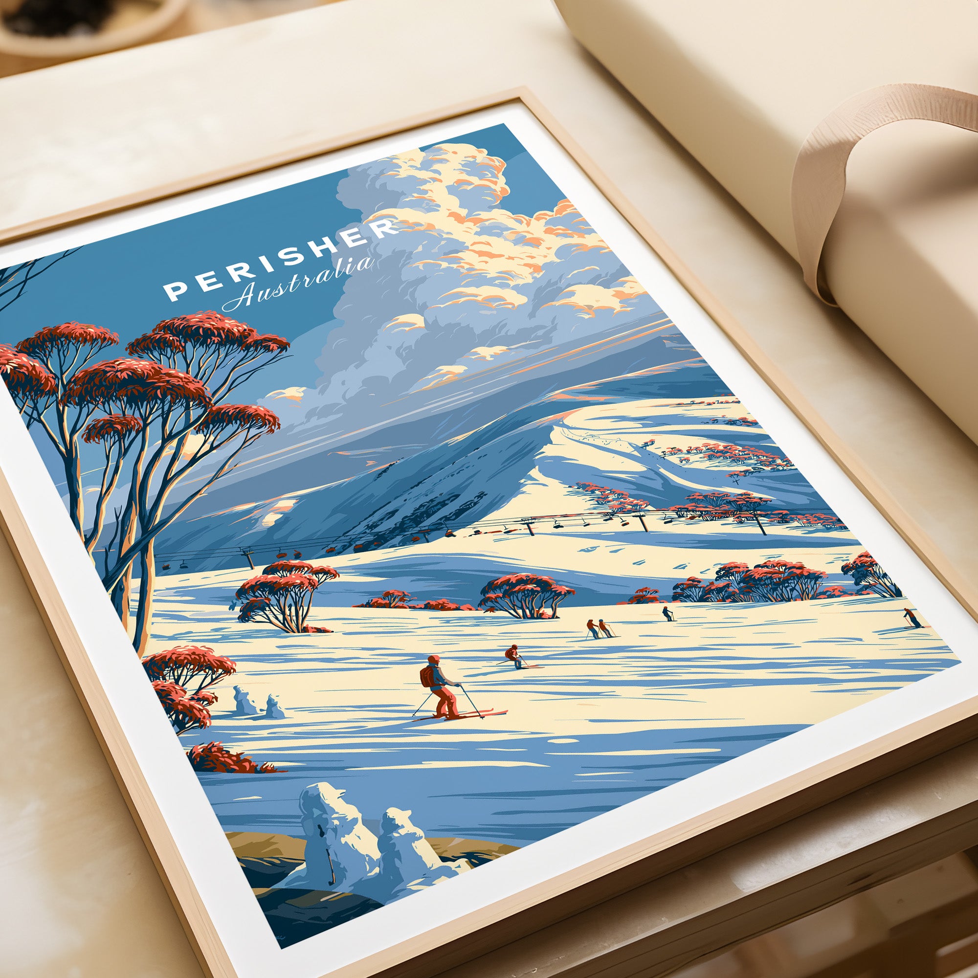 Perisher Australia Snow Gums Travel Poster — framed art print closeup gift unwrapped natural frame