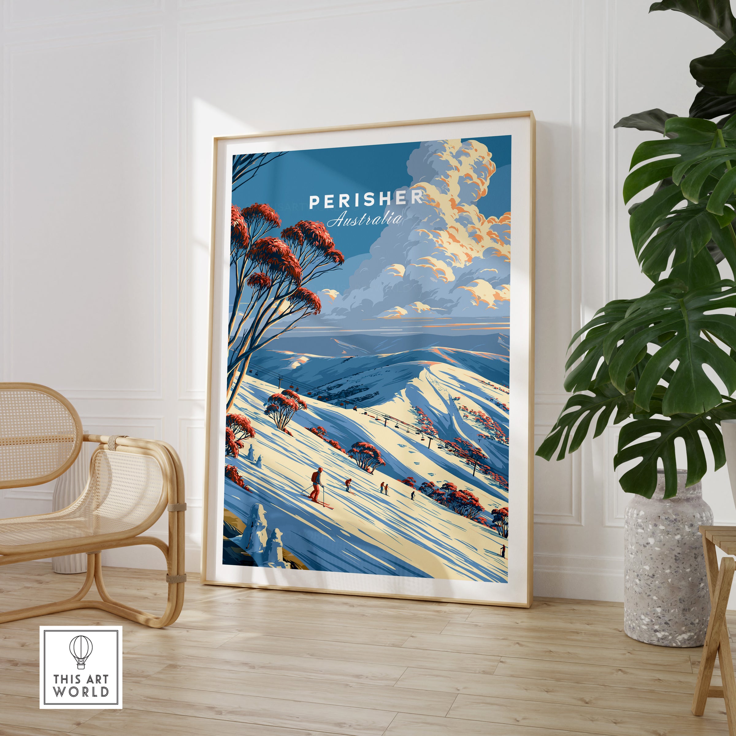 Perisher Australia Snow Gums Travel Poster — large framed print room setting chair plant