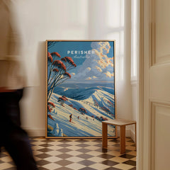 Perisher Australia Snow Gums Travel Poster — framed canvas on floor man walking past