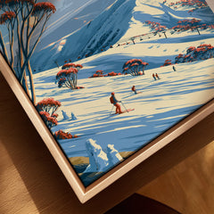 Perisher Australia Snow Gums Travel Poster — closeup framed canvas natural wood floating frame