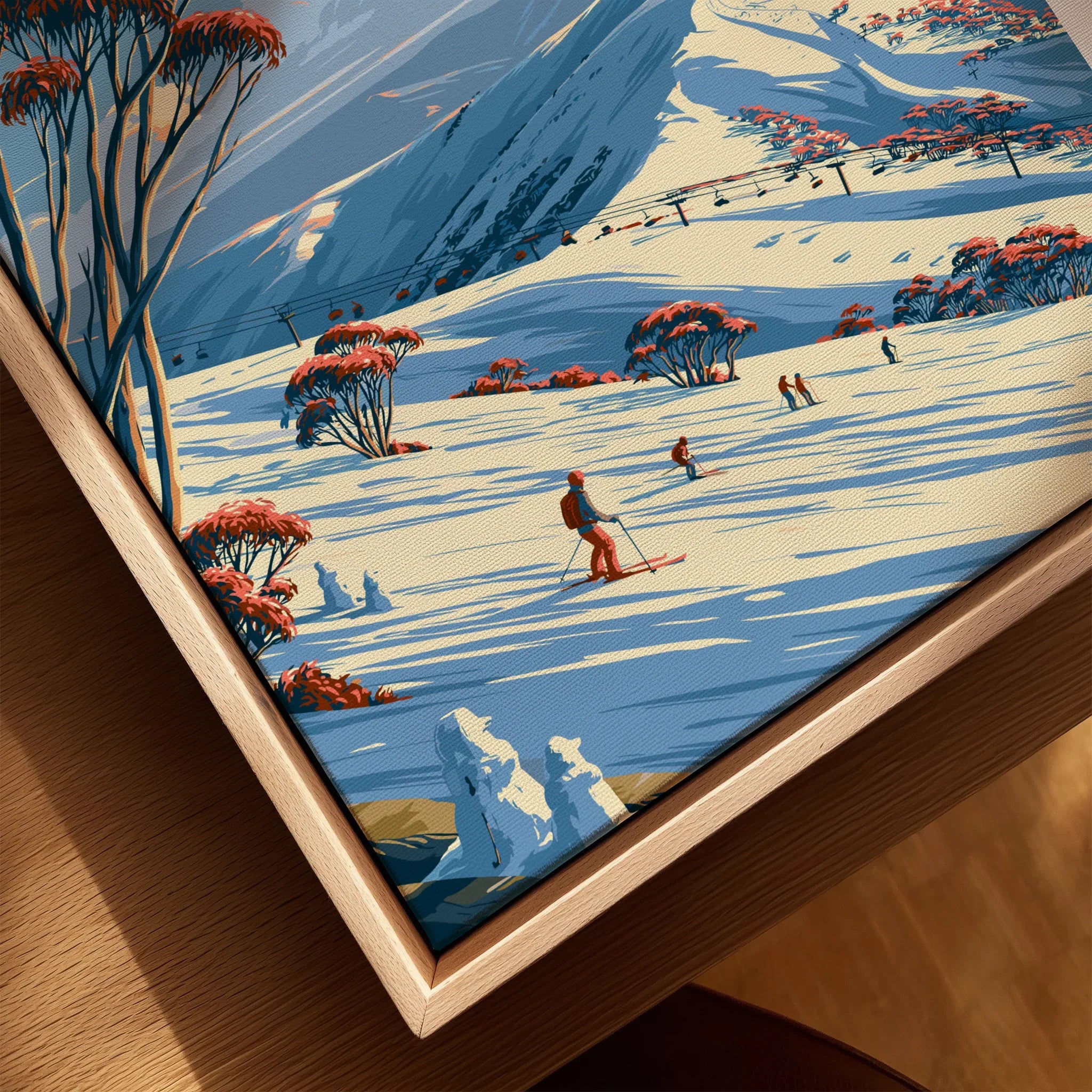 Perisher Australia Snow Gums Travel Poster — closeup framed canvas natural wood floating frame
