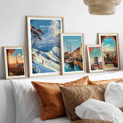 Perisher Australia Snow Gums Travel Poster — set five framed artprints above bed natural wood frames