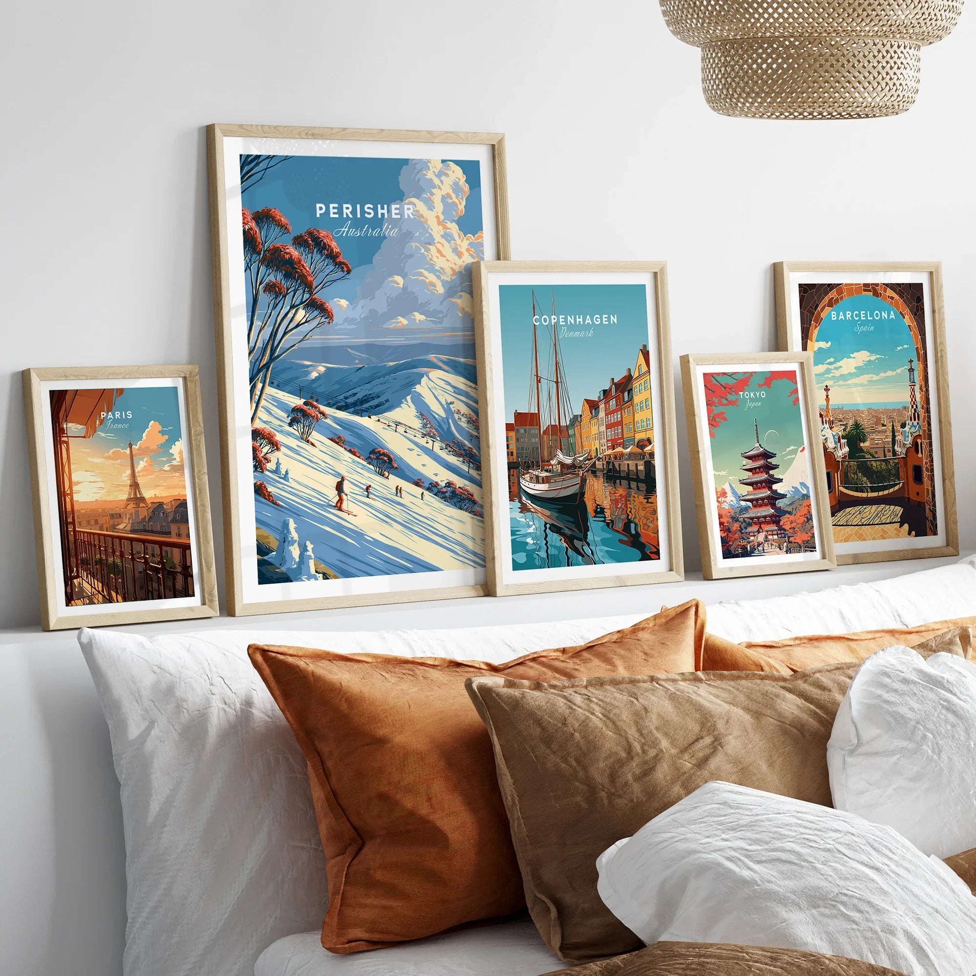 Perisher Australia Snow Gums Travel Poster — set five framed artprints above bed natural wood frames