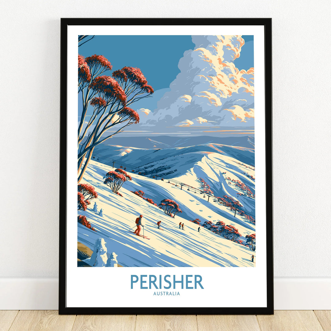 Perisher Australia Slopes Wall Art — art print in black frame on wooden floor