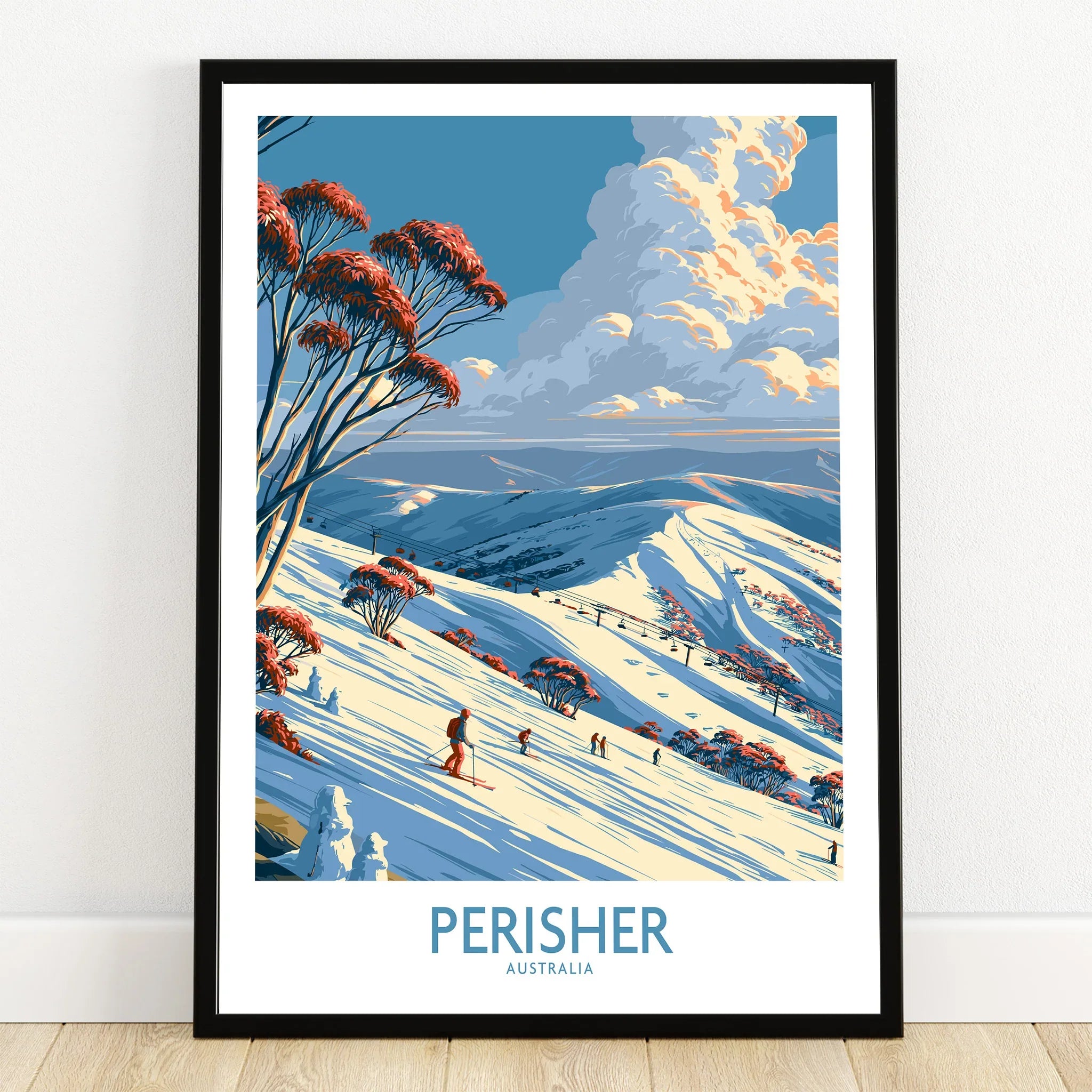 Perisher Australia Slopes Wall Art — art print in black frame on wooden floor
