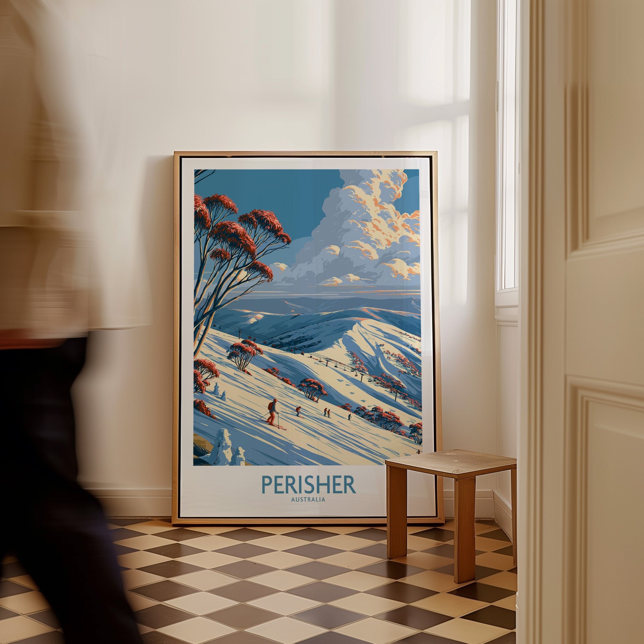 Perisher Australia Slopes Wall Art — framed canvas on floor man walking past