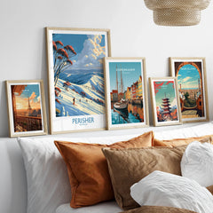 Perisher Australia Slopes Wall Art — set five framed artprints above bed natural wood frames