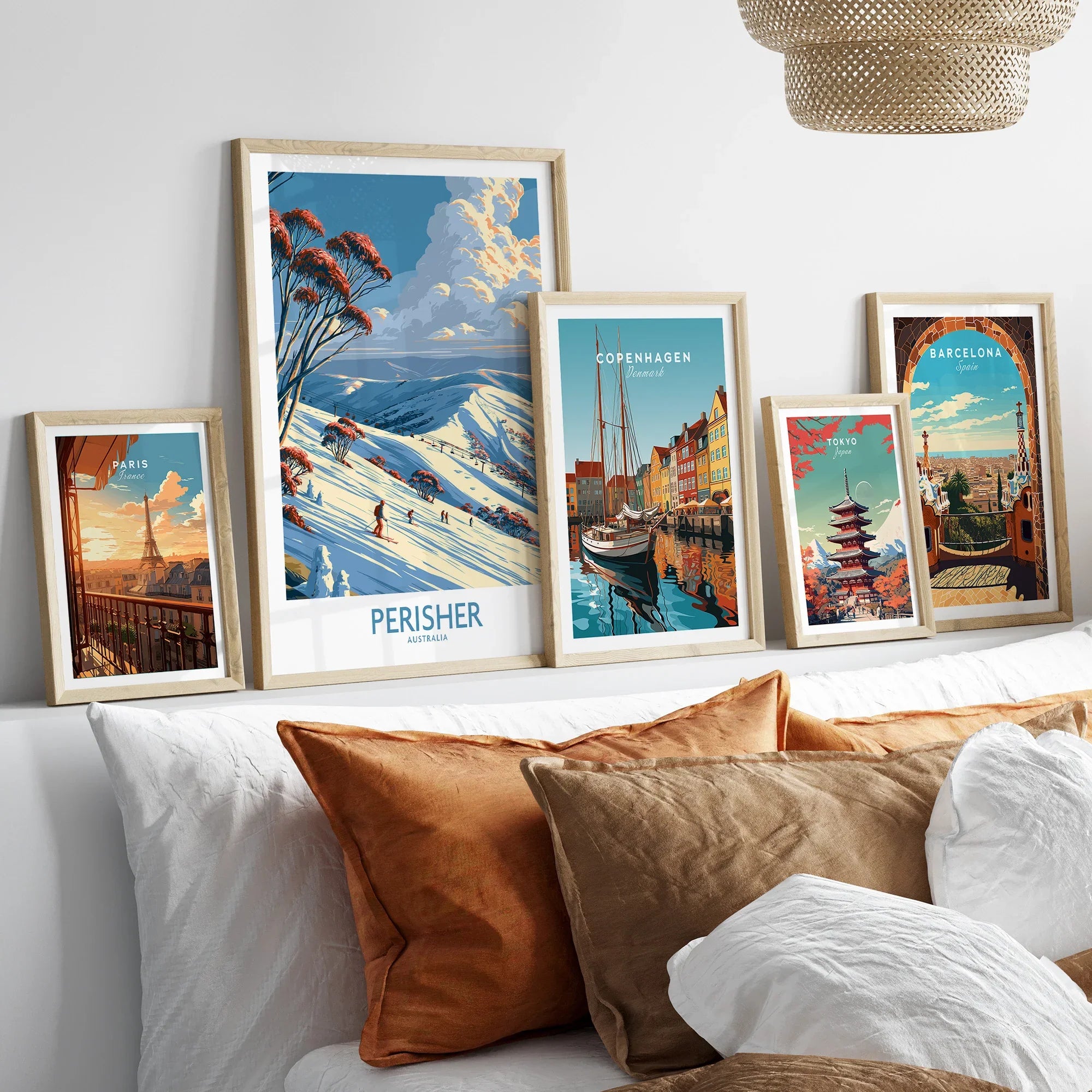 Perisher Australia Slopes Wall Art — set five framed artprints above bed natural wood frames