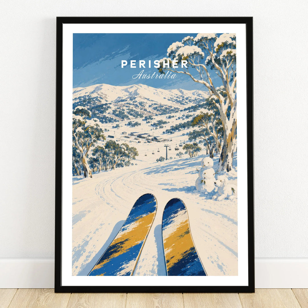 Perisher Australia Snowfields Travel Poster — art print in black frame on wooden floor