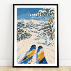 Perisher Australia Snowfields Travel Poster — art print in black frame on wooden floor