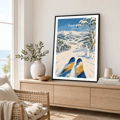 Perisher Australia Snowfields Travel Poster — framed artwork living room lifestyle setting