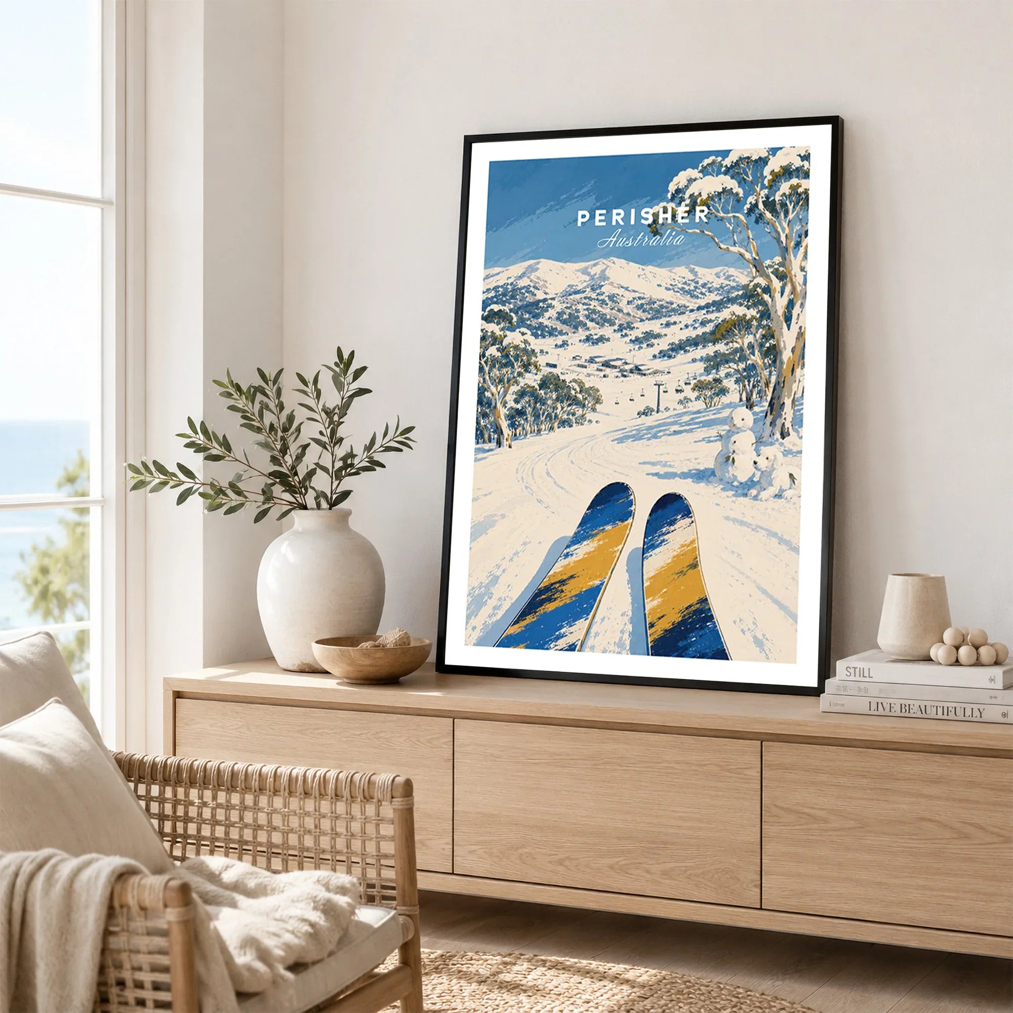 Perisher Australia Snowfields Travel Poster — framed artwork living room lifestyle setting