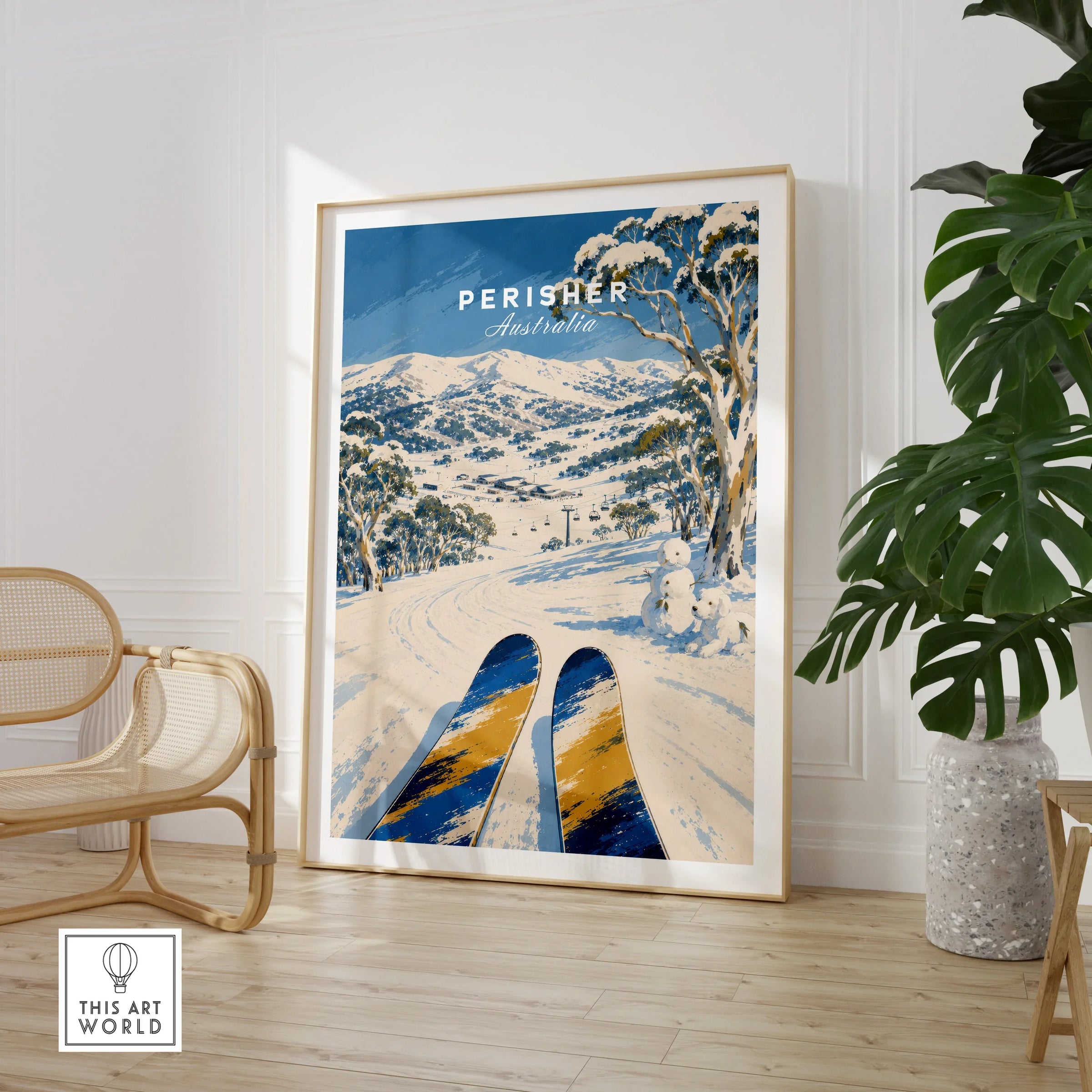 Perisher Australia Snowfields Travel Poster — large framed print room setting chair plant