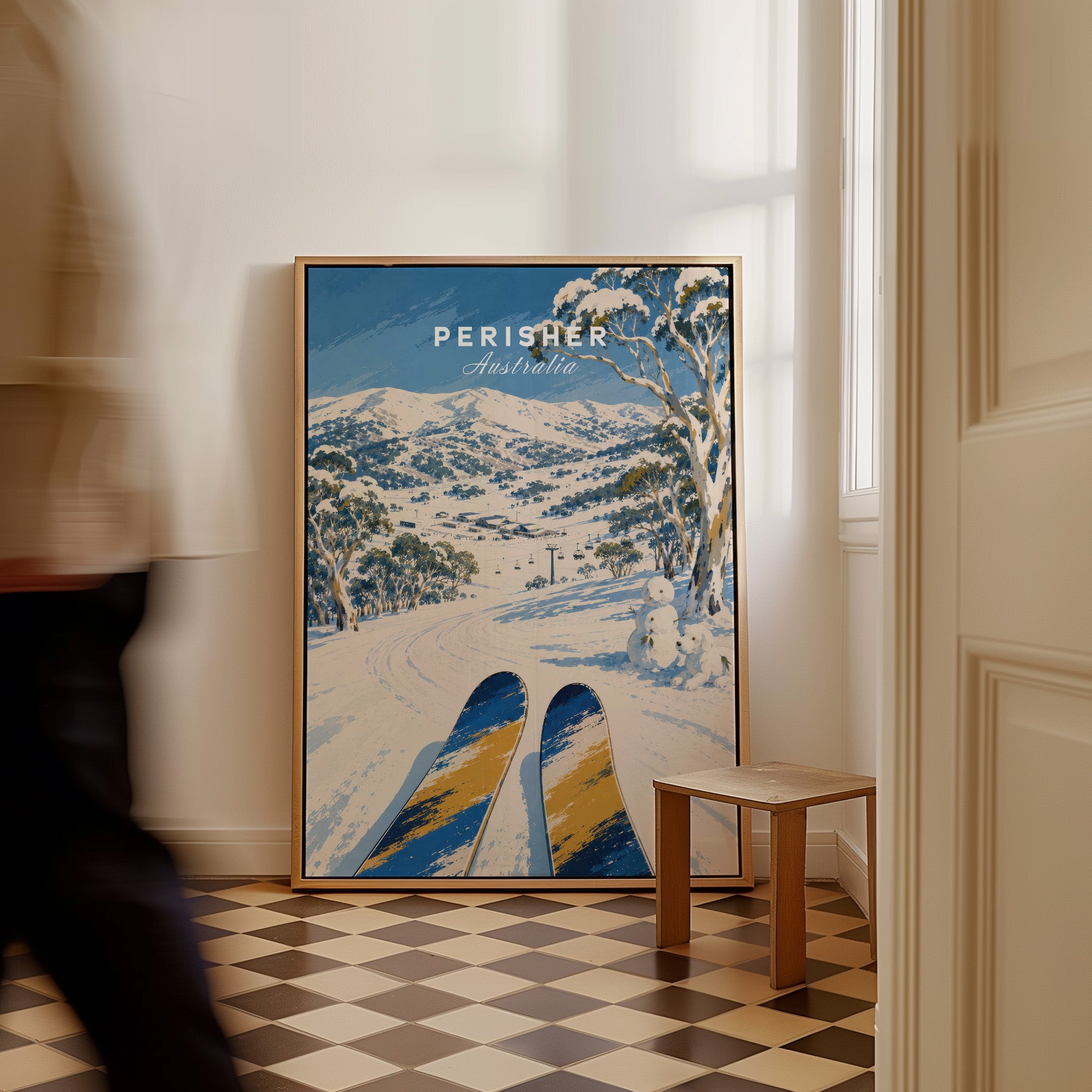 Perisher Australia Snowfields Travel Poster — framed canvas on floor man walking past
