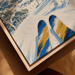 Perisher Australia Snowfields Travel Poster — closeup framed canvas natural wood floating frame