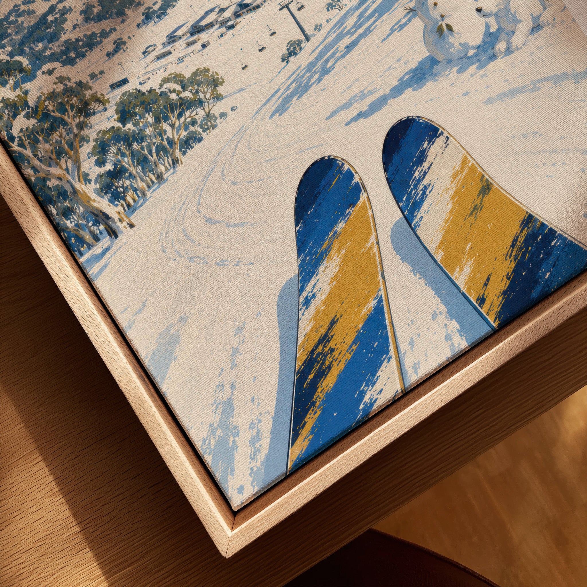 Perisher Australia Snowfields Travel Poster — closeup framed canvas natural wood floating frame